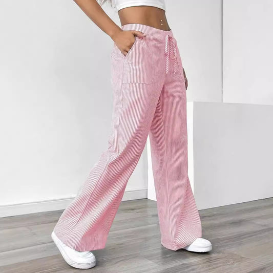 New Striped Casual Trousers With Pockets. Versatile Loose Wide Leg Pants.