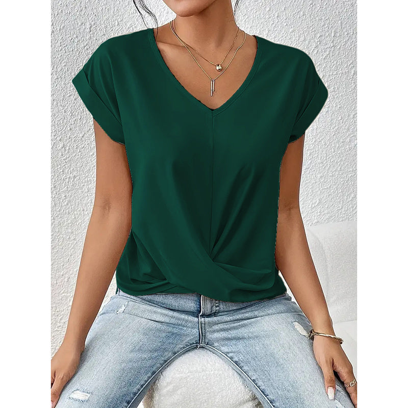 Women's Comfy Casual Summer Tops Short Sleeve V Neck Blouses T Shirts Twist Knot Basic Tees