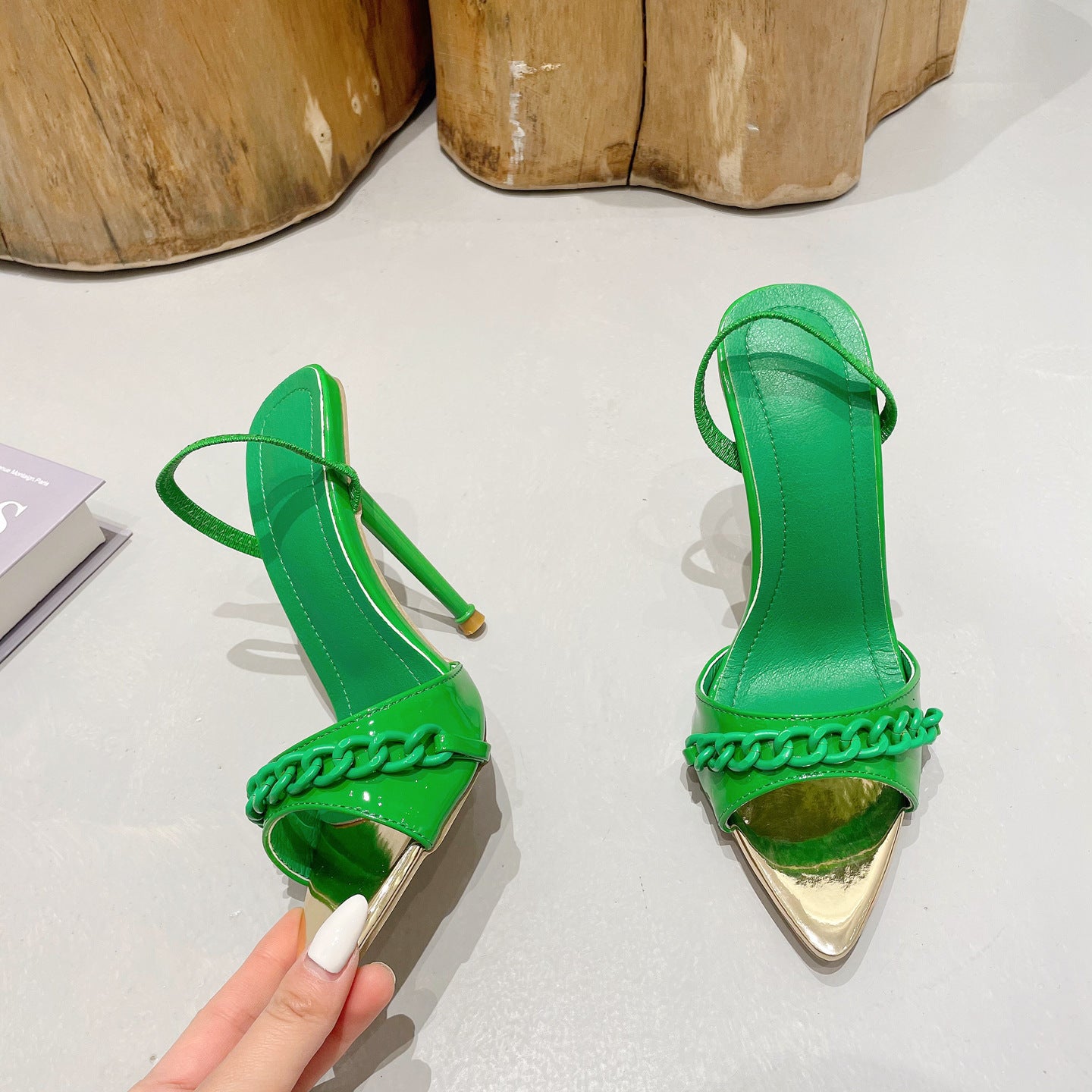 Color Chain High Heels Pointed Toe Sandals. Women's Shoes