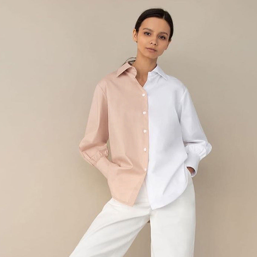 Temperament Commuter Long-sleeved Simple Niche Design Sense Stitching Contrast Color Ladies Shirt