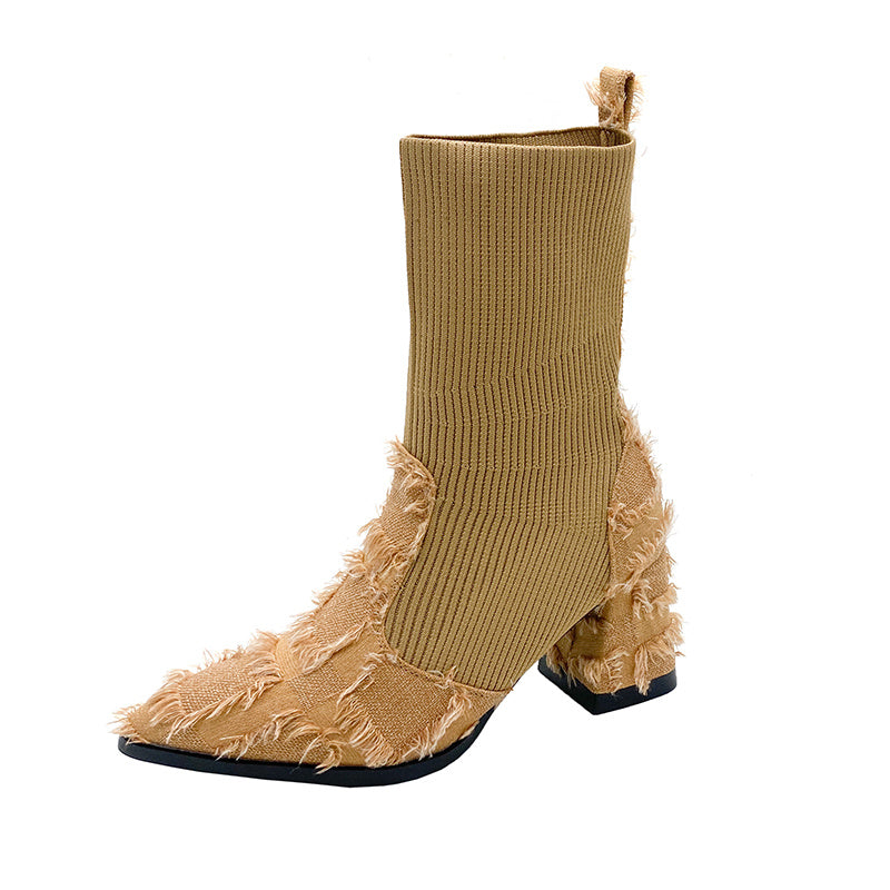 Women's Fringe And Knit Combination Mid-Calf Boots, Boho Chunky Block Heels