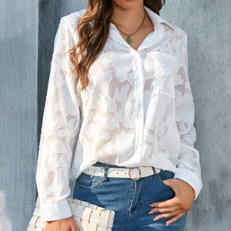 Womens Casual Sheer Button down, Long Sleeve V Neck Jacquard Blouses Tops