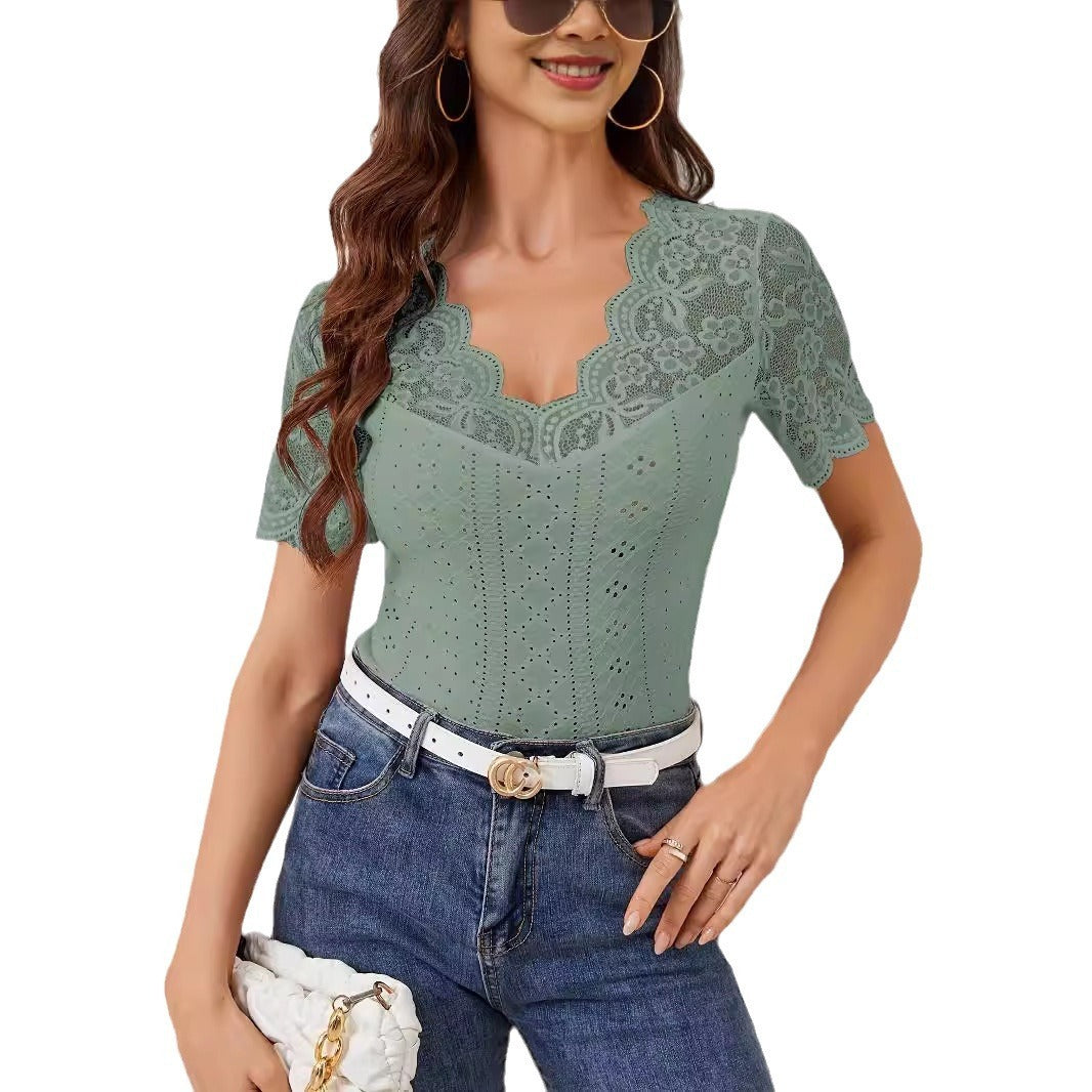 Fan-shaped V-neck Lace Stitching Slim Fit T-shirt. Short Sleeve