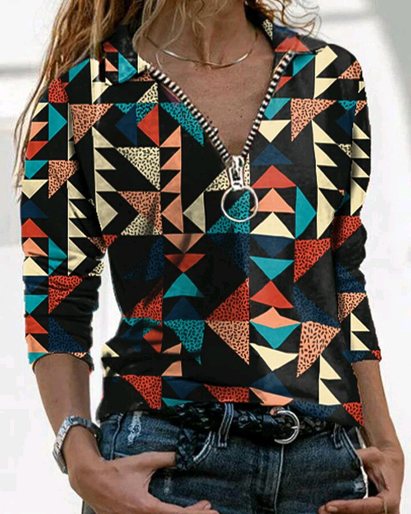 European And American Autumn And Winter Retro Printing Long-sleeved V-neck Zipper Casual Pullover Top