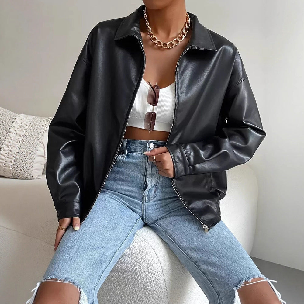 PU Leather Coat. Retro Biker's Long Sleeve Zipper Lapel Jacket