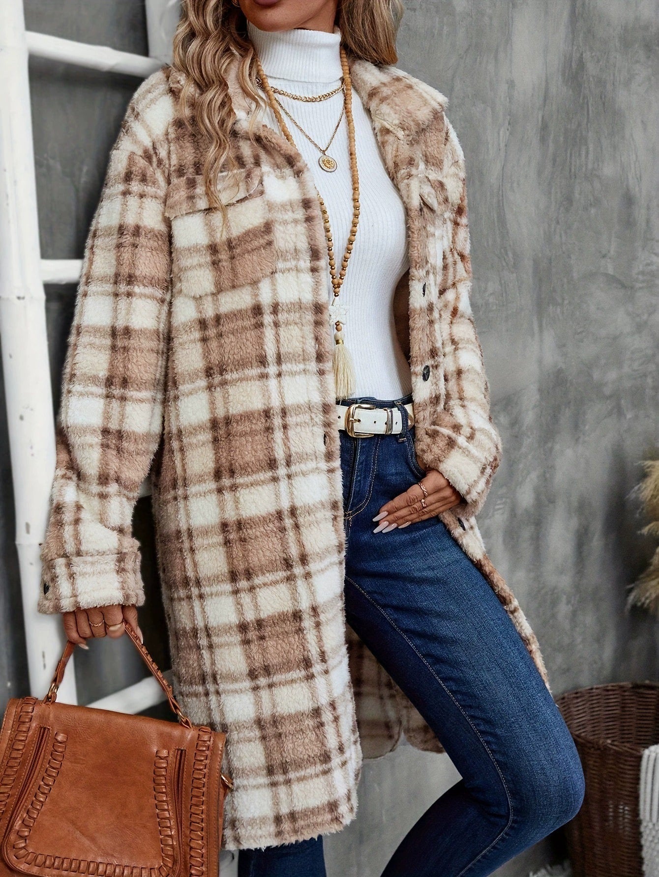 Women's Plaid Long Double-sided Pocket Button Coat