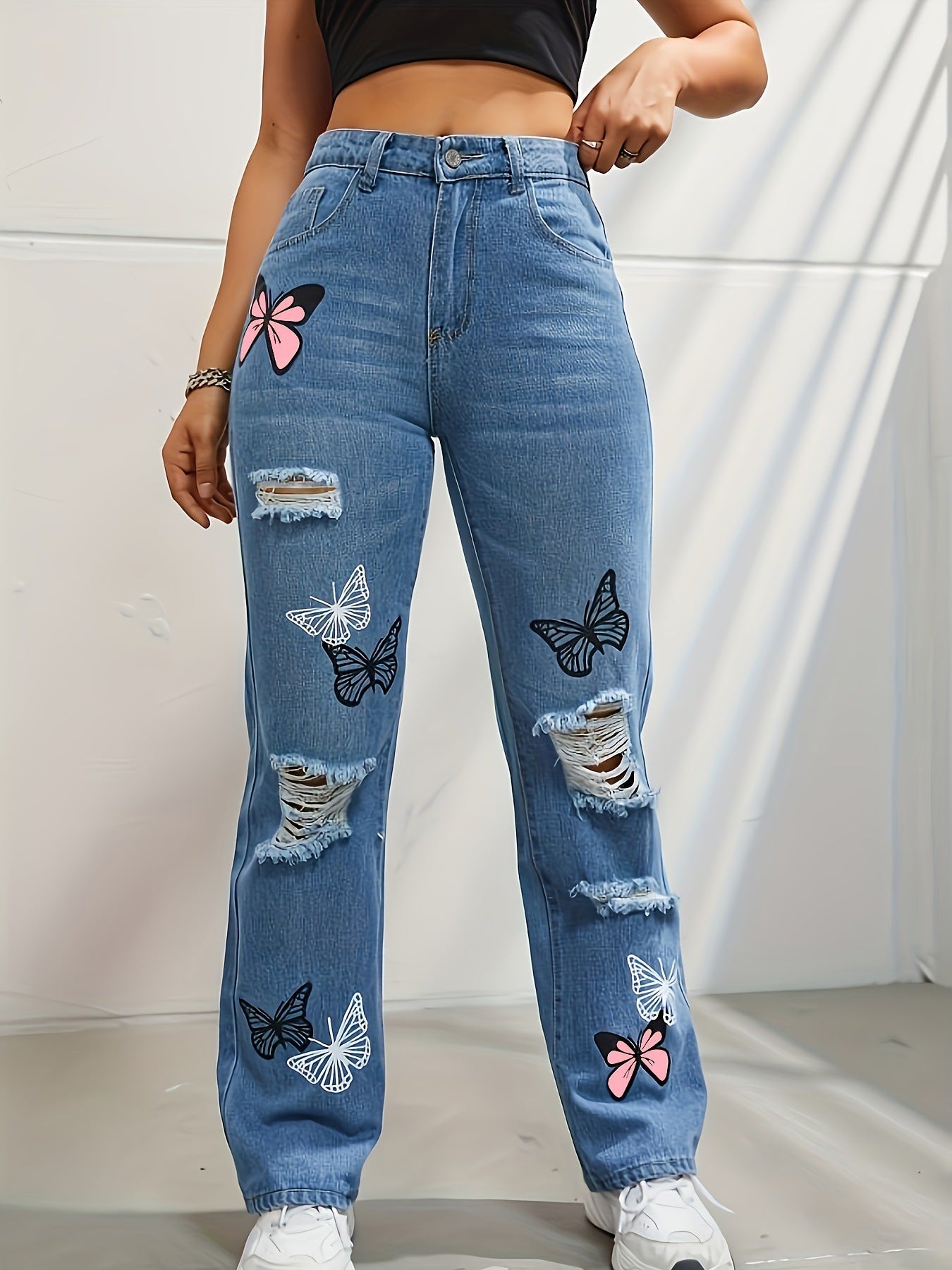 High Waisted Straight Leg Jeans For Women. Trendy Butterfly Print Ripped Distressed Denim Pants