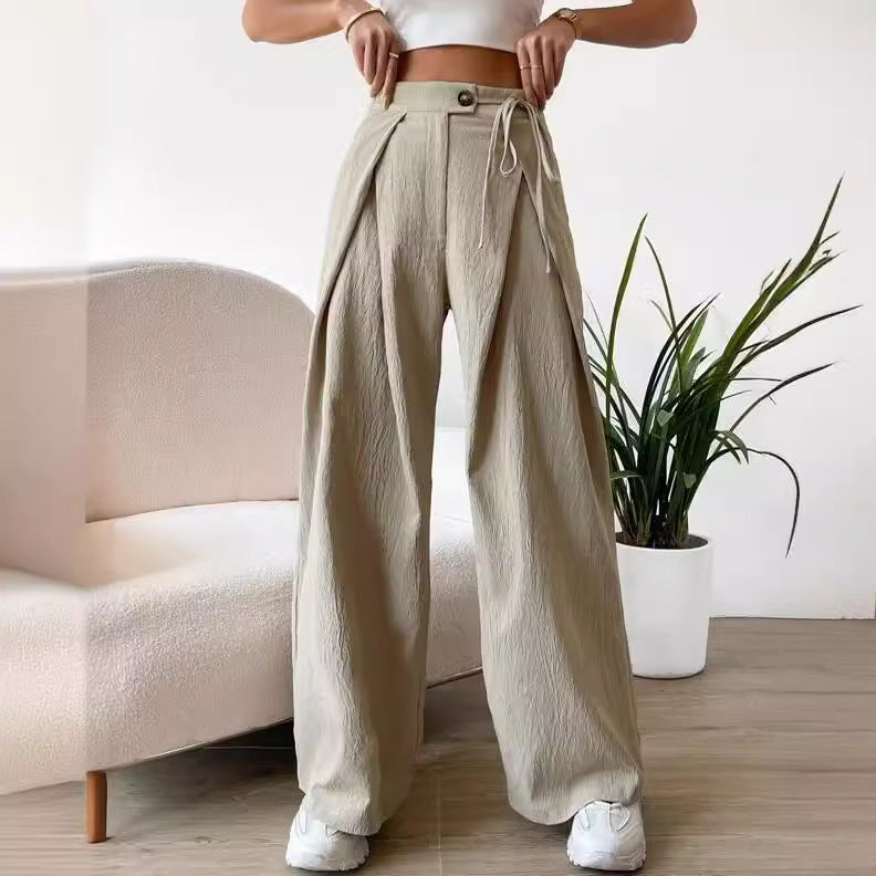 Women's High Waist Drawstring Patchwork Pants. Wide-leg Casual Straight Pants