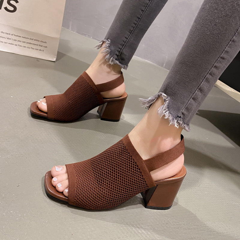 European And American Flying Woven Chunky High Heel Sandals For Women