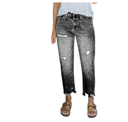 Light Blue Casual Nine-piece Straight Jeans.  Women Pants