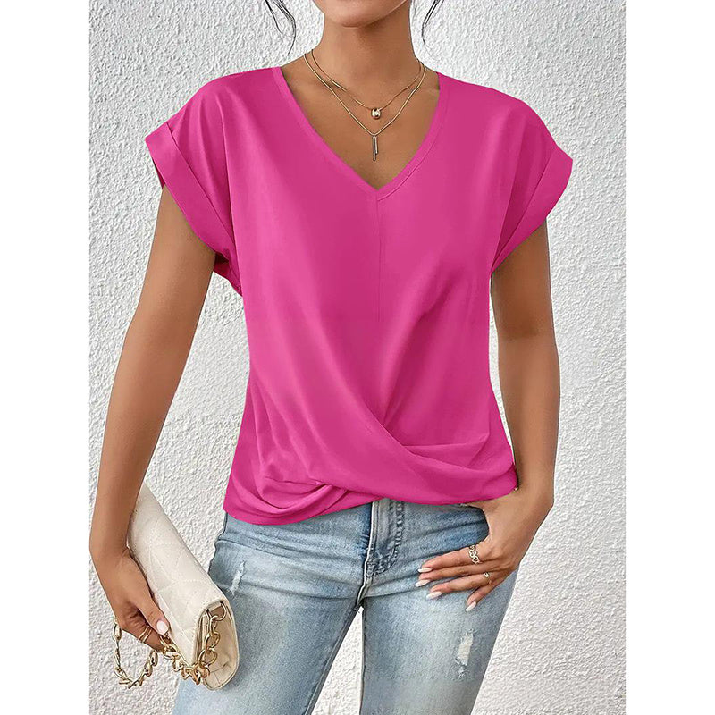 Women's Comfy Casual Summer Tops Short Sleeve V Neck Blouses T Shirts Twist Knot Basic Tees