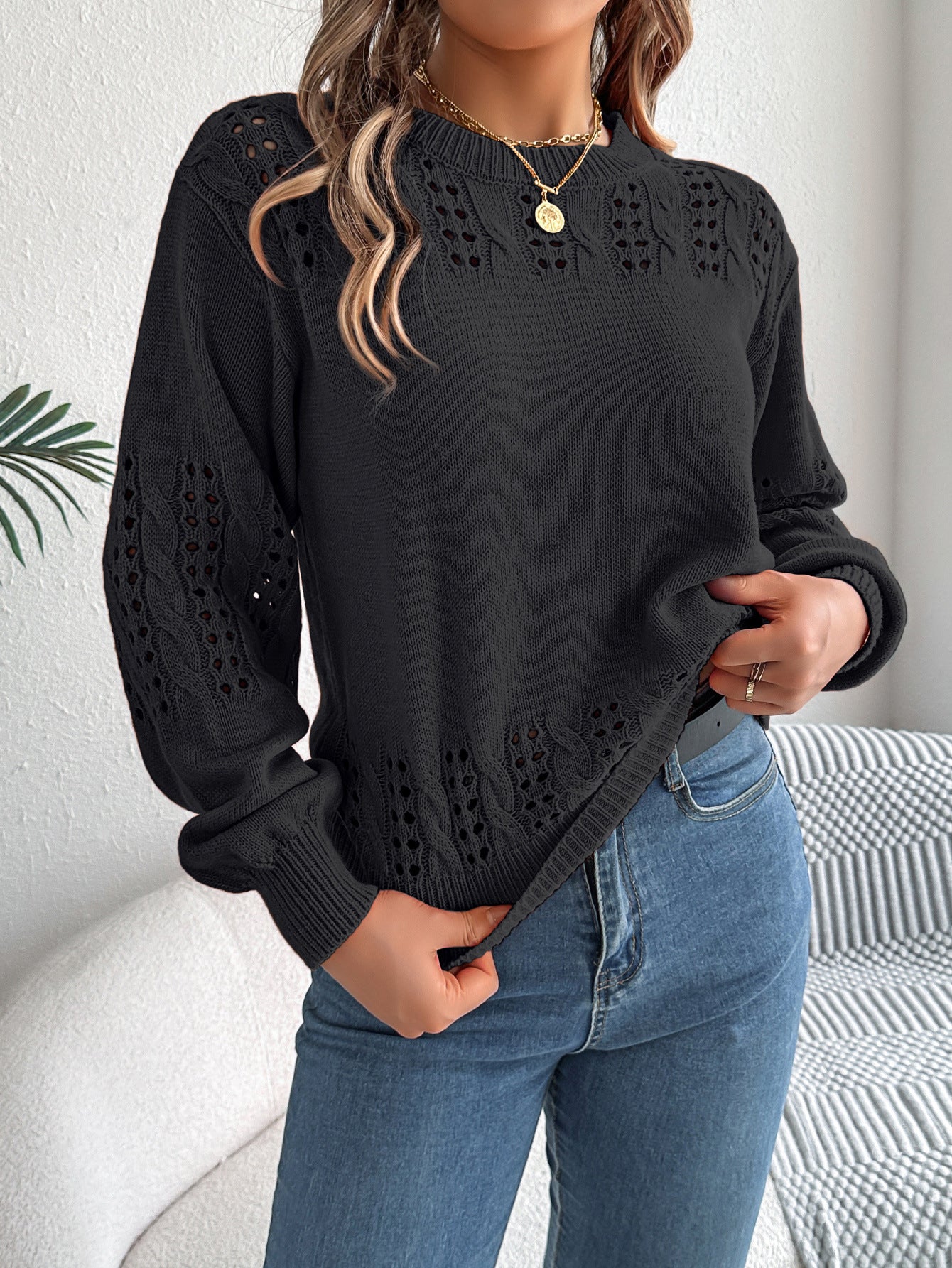 Hollow-out Lantern Sleeve Pullover Sweaters