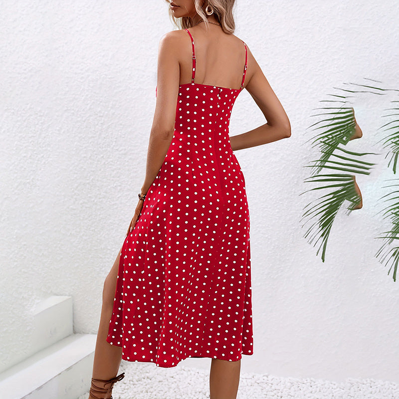Women's Summer Boho Polka Dot Spaghetti Strap Slit Dresses