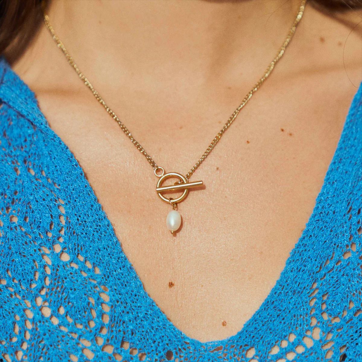 Stainless Steel 18k Gold Pearl Pendant Necklace