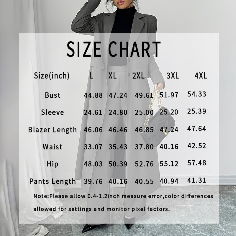 Women's 2 Piece Suit Set. Long Blazer Jacket And Straight Leg Pants, Business Formal Office Outfits For Work, NO Lining