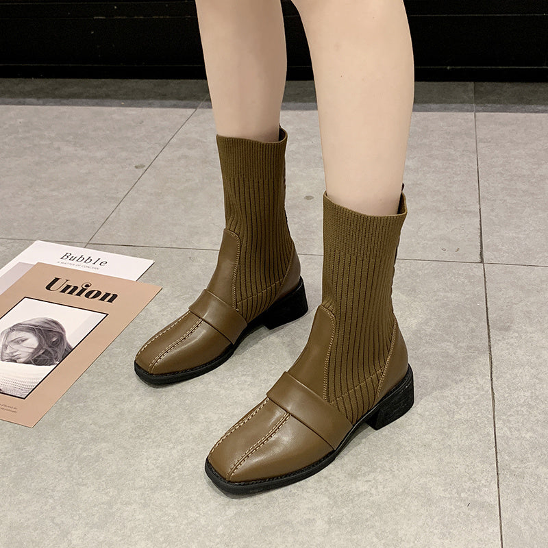 British Style Square Toe Mid-tube Knitted Martin Women Boots
