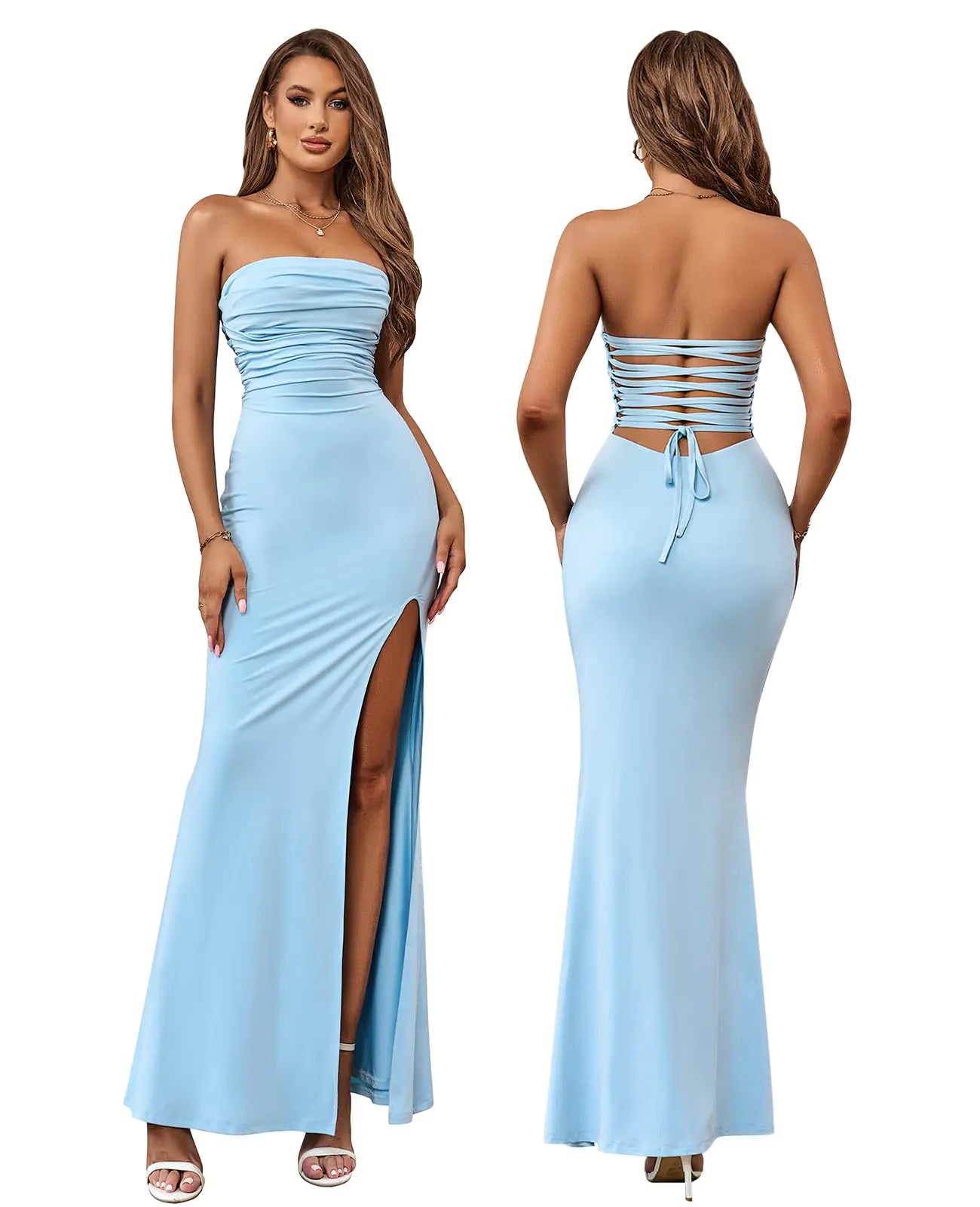 Tube Top Strapless Slit Bodycon Maxi Dress. Sexy Tie Back Party Long Dresses
