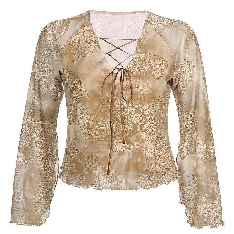 French Retro Sense Perspective Net Gauze Abstract Print Flared Sleeve Top