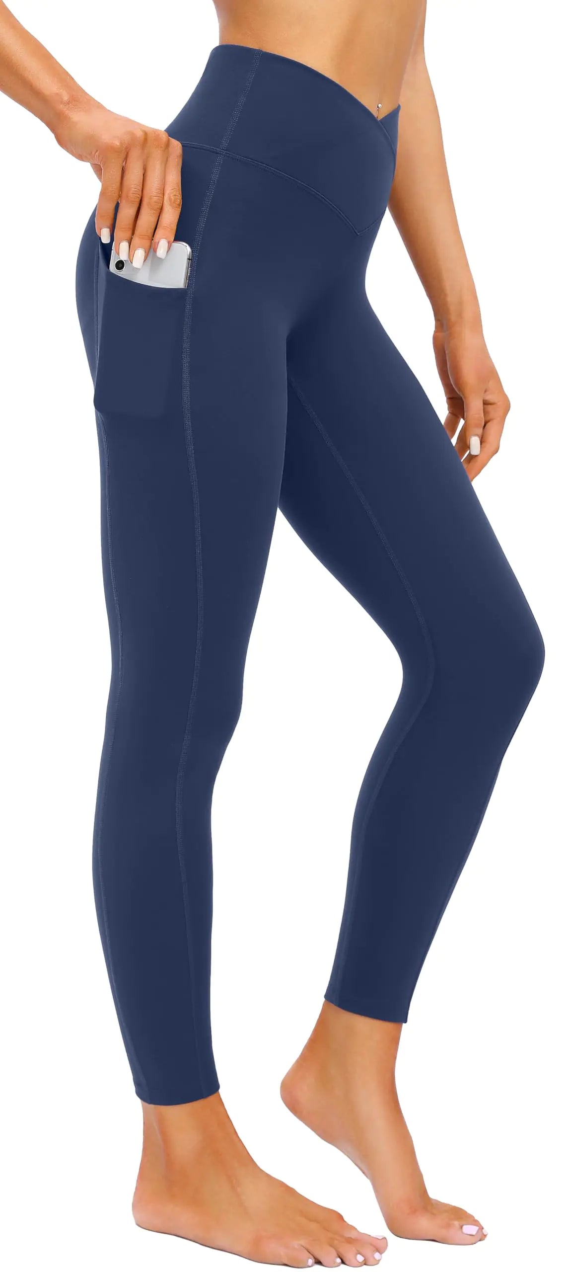 Womens Crossover Leggings with Pockets. Workout Tummy Control Leggings. High Waisted V Cross Waist Yoga Pants