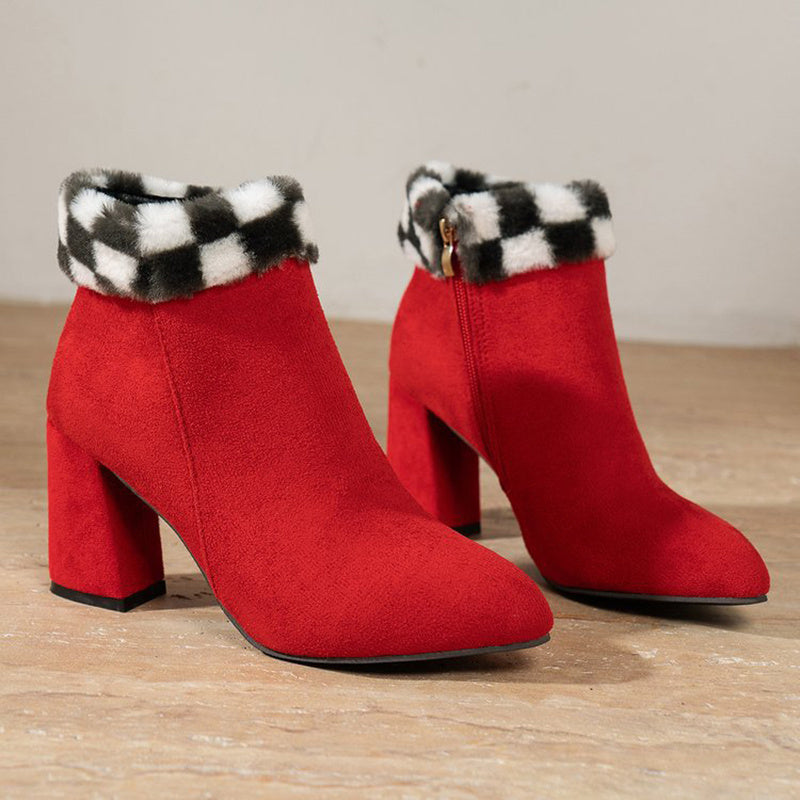 Plaid Print Plush Ankle Winter Boots. Heel Suede Women Boots