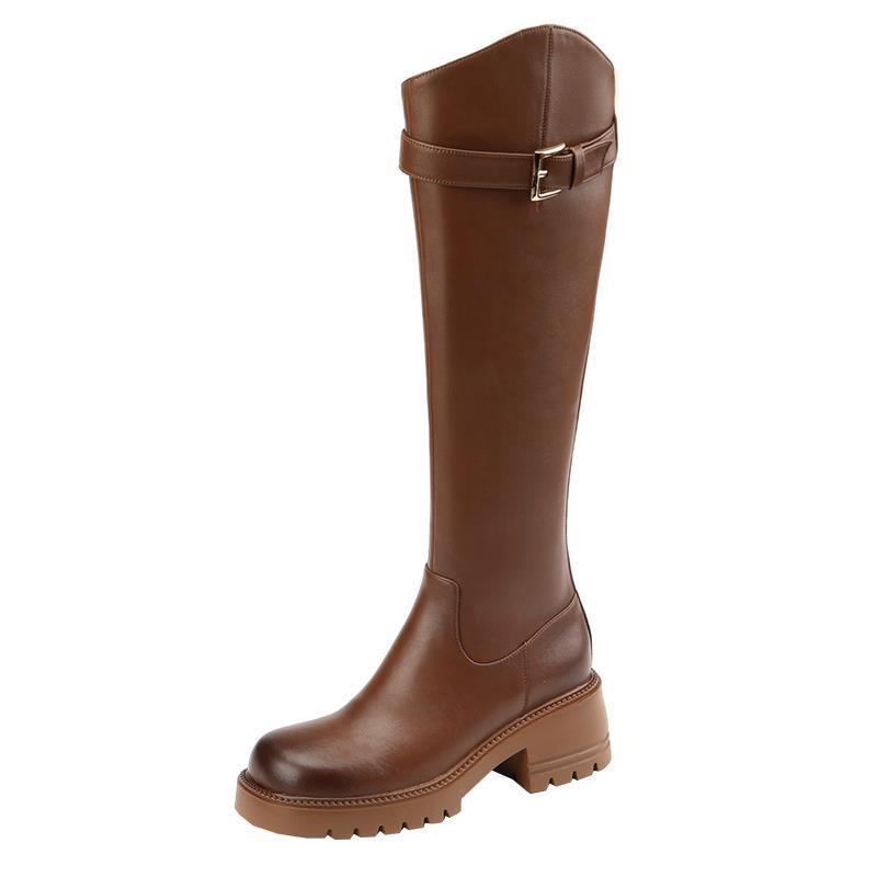 Leather High Heel Knee Boots. British Style Round Toe Chunky
