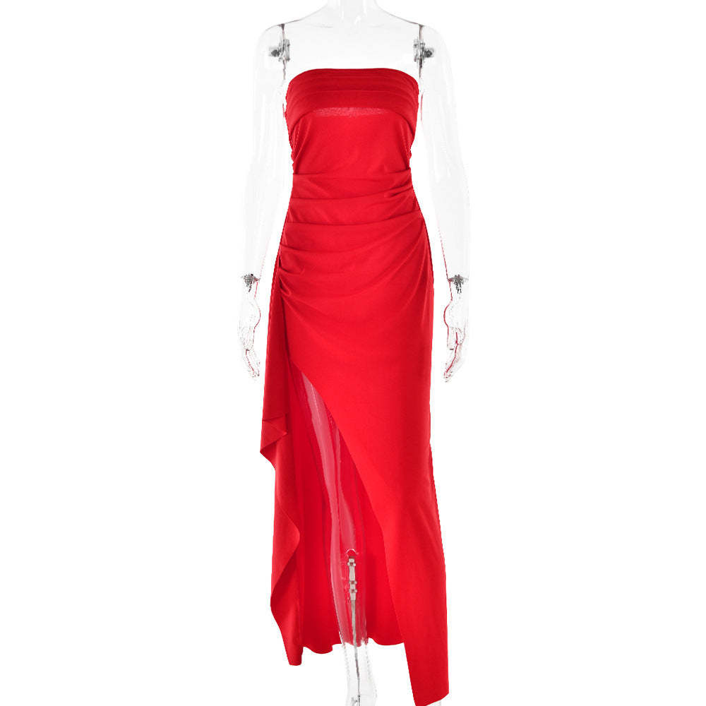 Strapless Split Long Summer Pleated Dress. Party Wedding Clothing