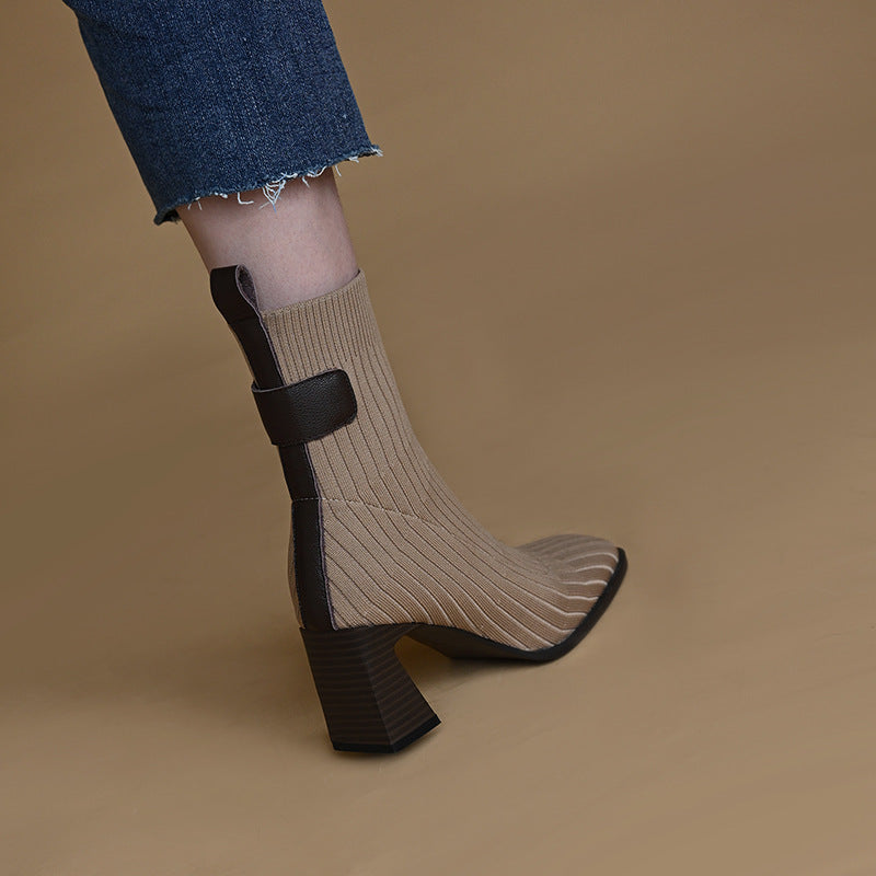 Women's Knitted Square Toe Block Heel Stretch Boots