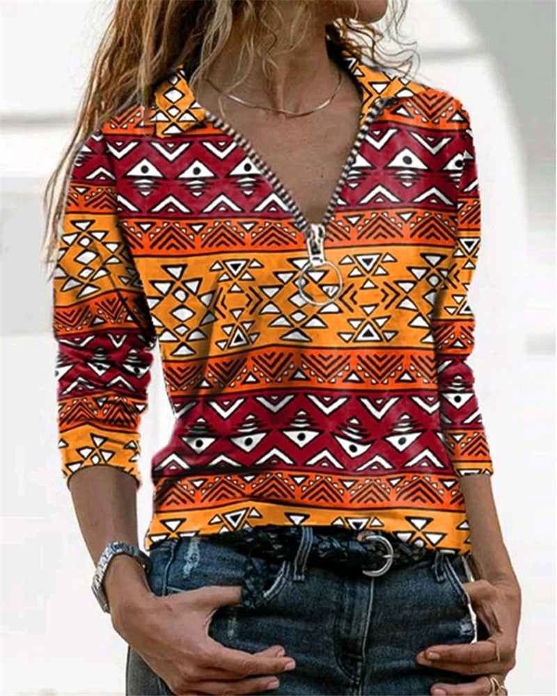 European And American Autumn And Winter Retro Printing Long-sleeved V-neck Zipper Casual Pullover Top