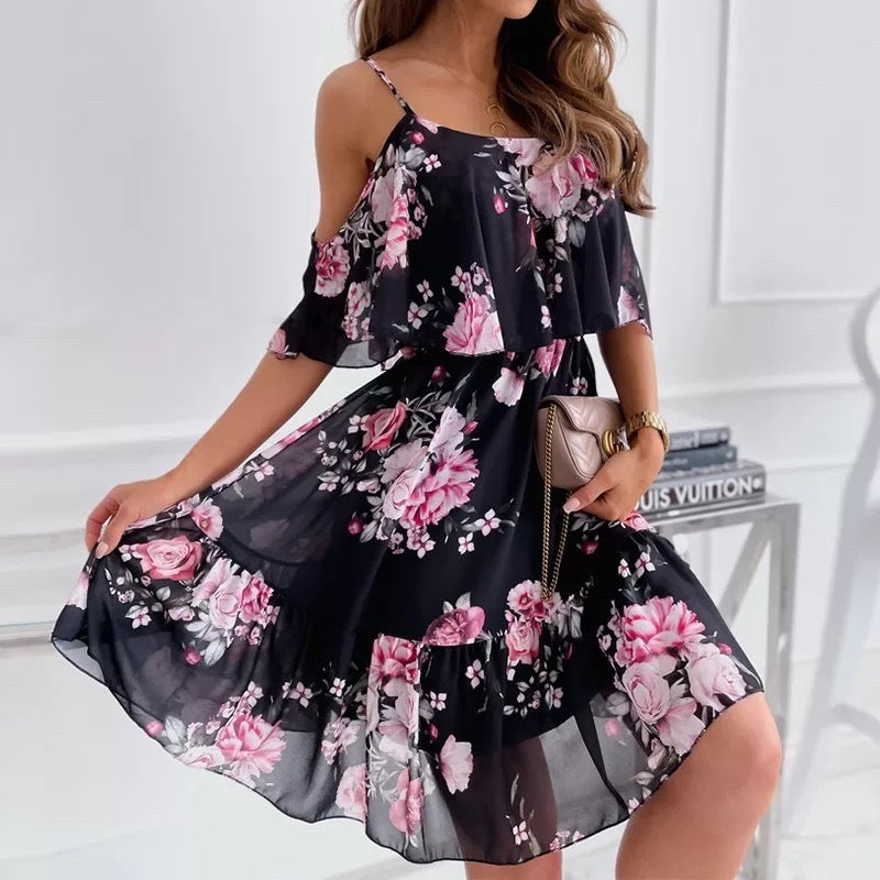 Flower Printed Ruffled Suspender Summer Dresses. Off-the-shoulder Strap Women dress