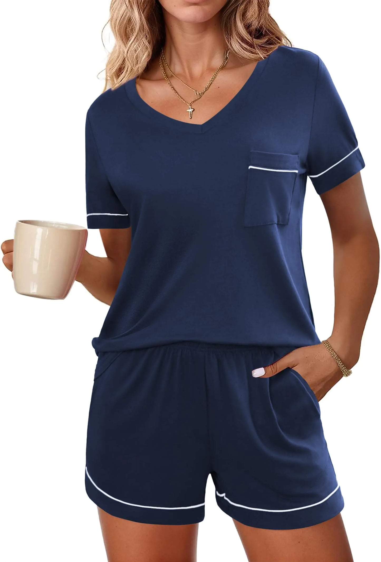 Pajamas Set for Women 2 Piece. Short Sleeve Top and Shorts Soft V Neck sleepwear Pjs Lounge Set - with Pockets