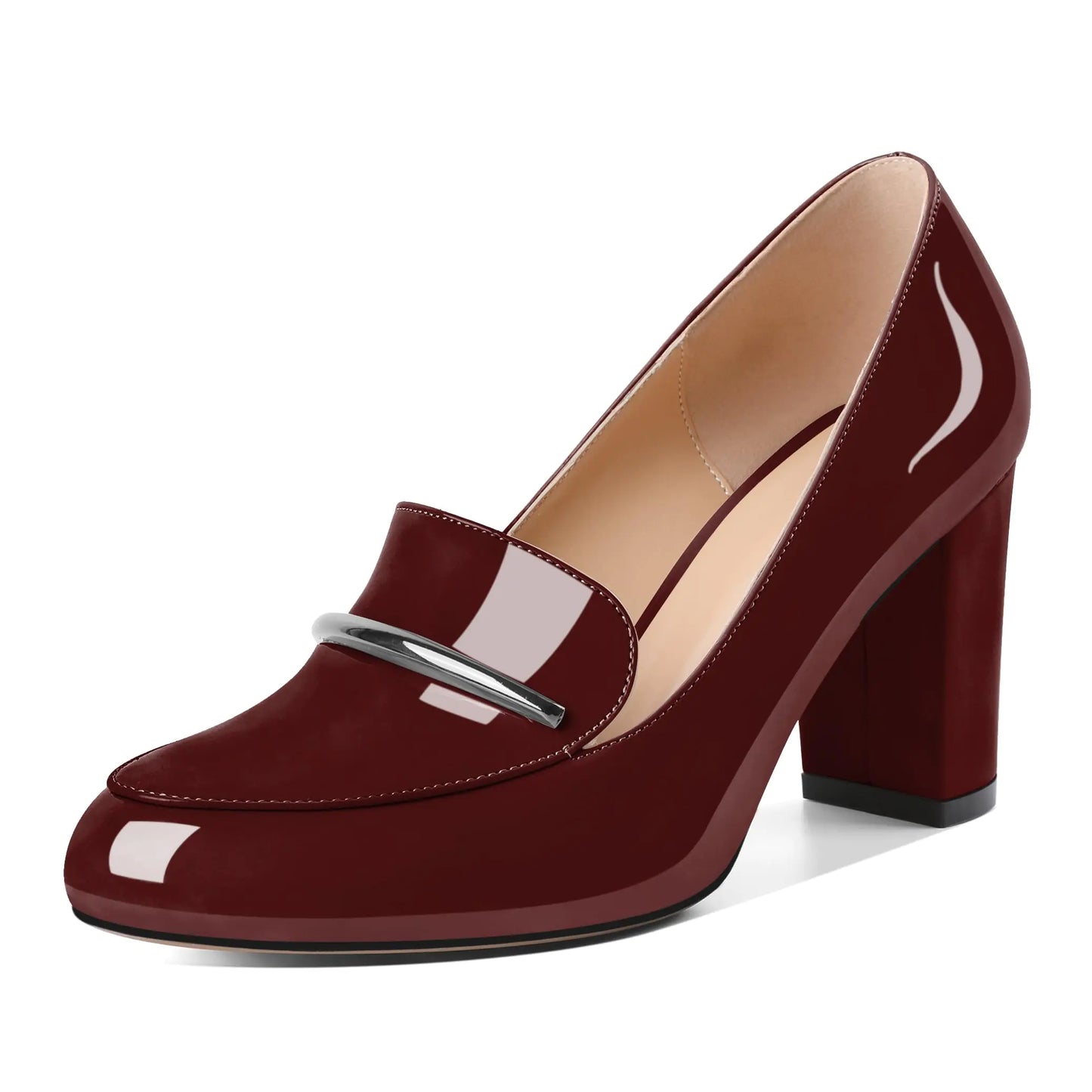 Women Round Toe High Chunky Heels. Slip On Loafers Pumps, 3.5 Inch Closed Toe Shoes for Work Casual Party