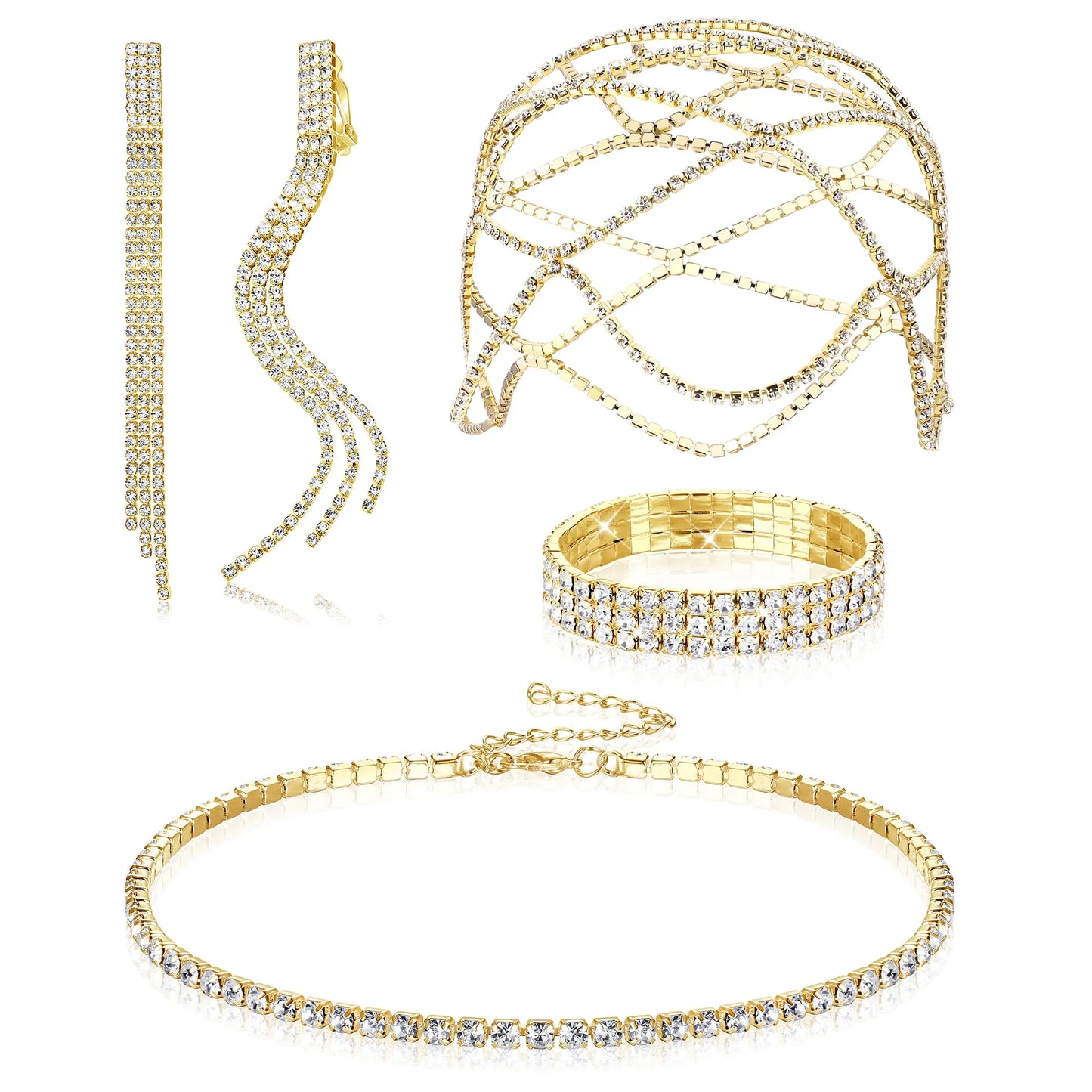 Drperfect Women Rhinestone Flapper Cap Headpiece Jewelry, Stretch Bracelet, Choker Necklace & Dangle Fringe Earrings. Silver Accessories PartybJewelry