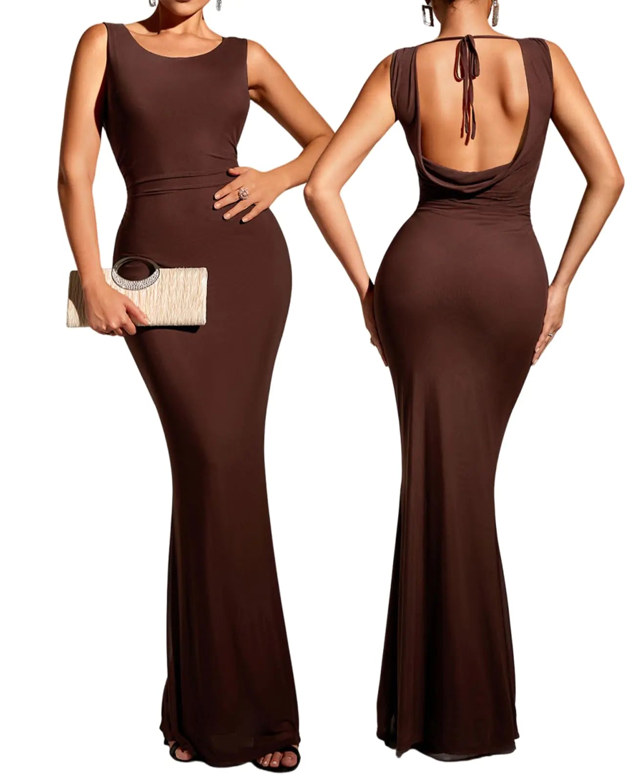 Formal Bodycon Maxi Long Dress. Elegant Sleeveless Evening Party Dresses for women, Brown