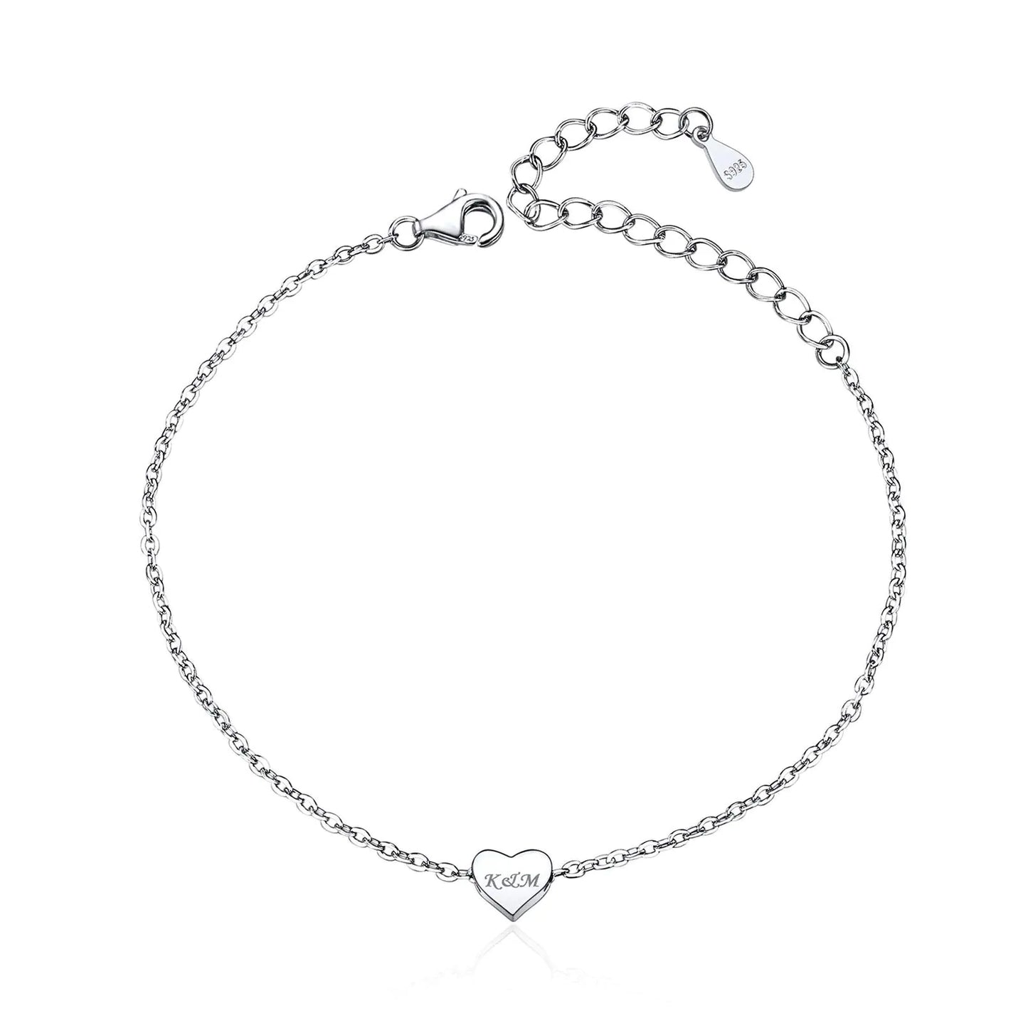 Personalized Heart Sterling Silver Bracelet. Customized Name Engraved Initial Bracelet, Adjustable Link Chain Trendy Jewelry Gift for Christmas