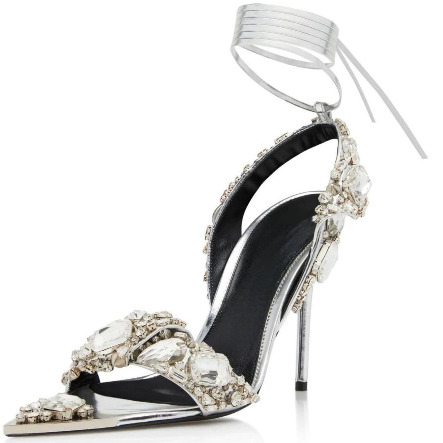 Sparkly Big Rhinestone Stilletos. Glitter Diamond Pointed Open Toe Heels, Lace Up Strappy Backless Pumps. Sexy Summer Party women Shoes