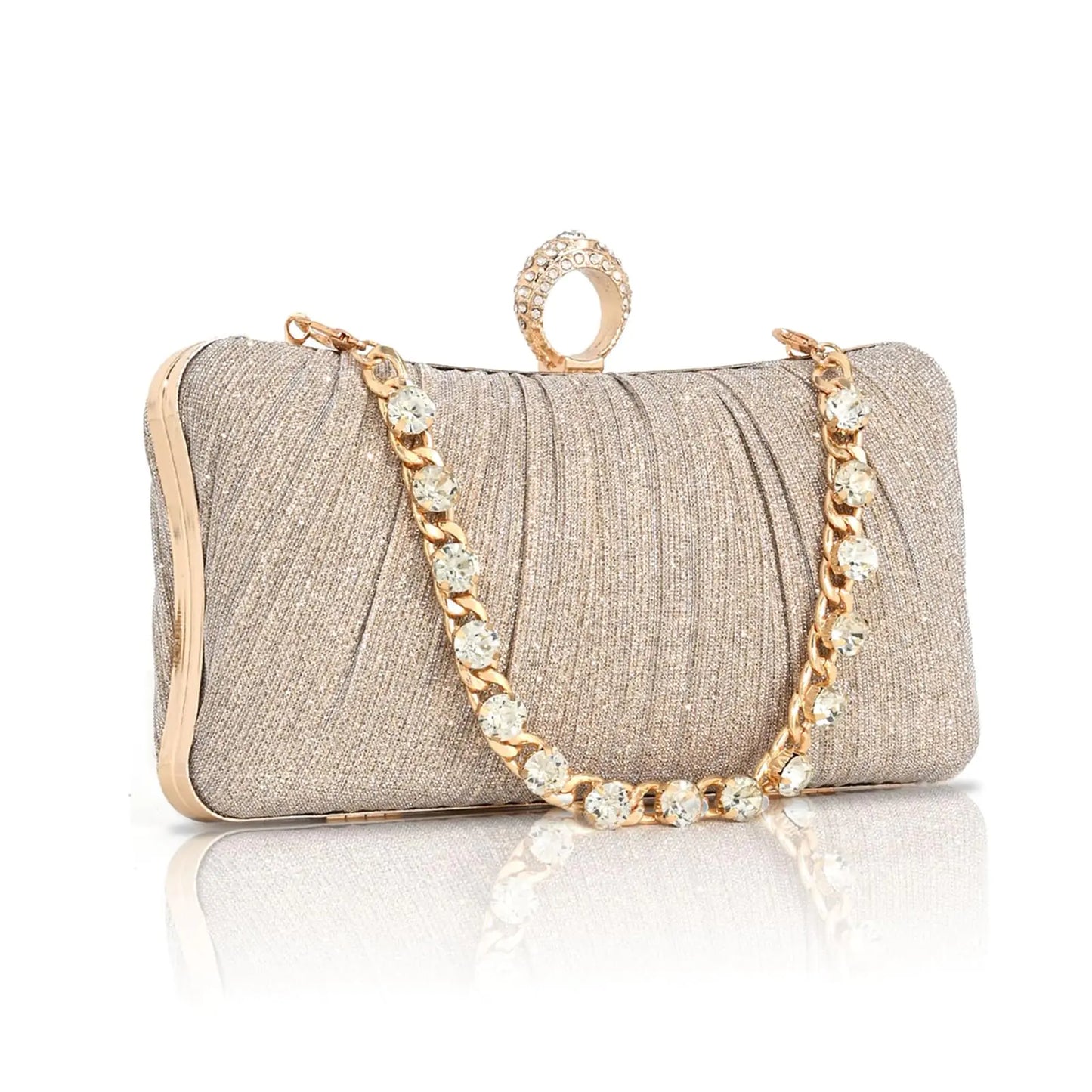 Women Evening Gold Glitter Pleated Clutch. Gold Purse with Rhinestone Ring for Wedding Party Prom