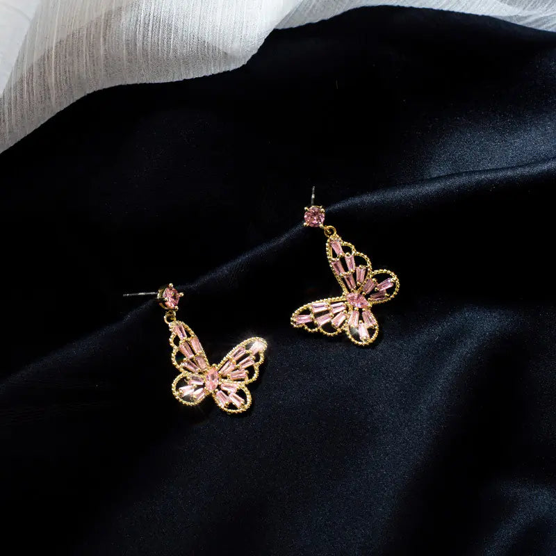 Luxury Pink Zircon Butterfly Stud Earrings for Women