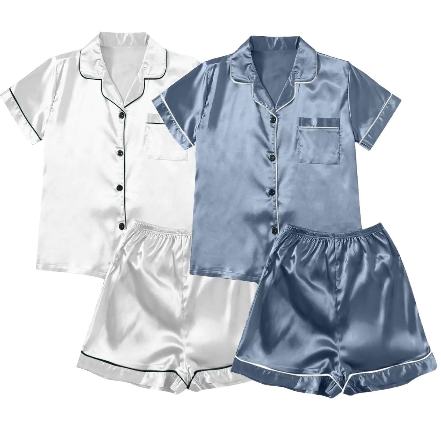 2 Pack Womens Silk Satin Pajama Sets. Soft Short Sleeve Button Down Sleepwear Top and Shorts - 2 Piece Pjs Loungewear