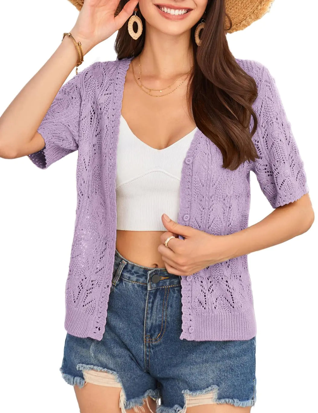 Short Sleeve V Neck Cardigans. Open Front Knit Crochet Button Sweater