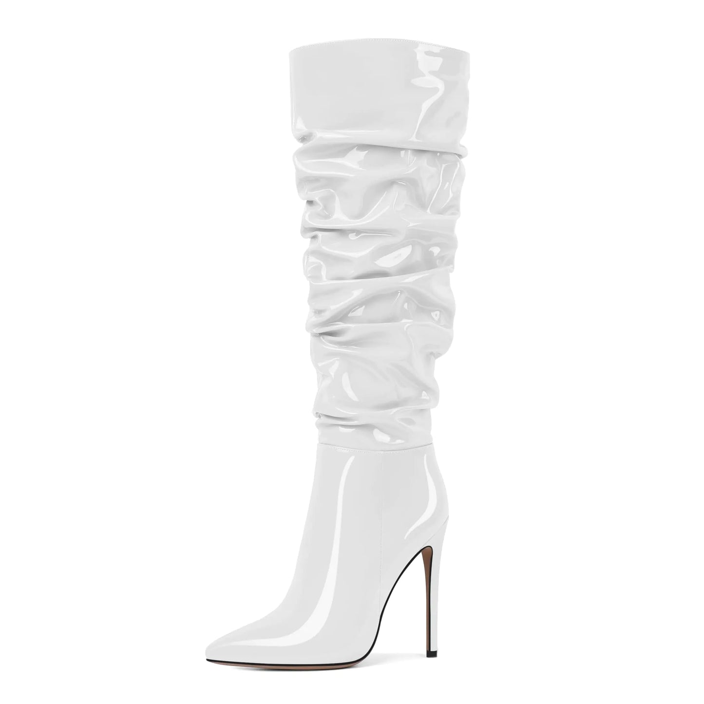 Slouchy Knee Hig Pointed Toe Stiletto Heel Boots. Stretch Side Zipper Long Boots, 4.7 Inches Patent Leather