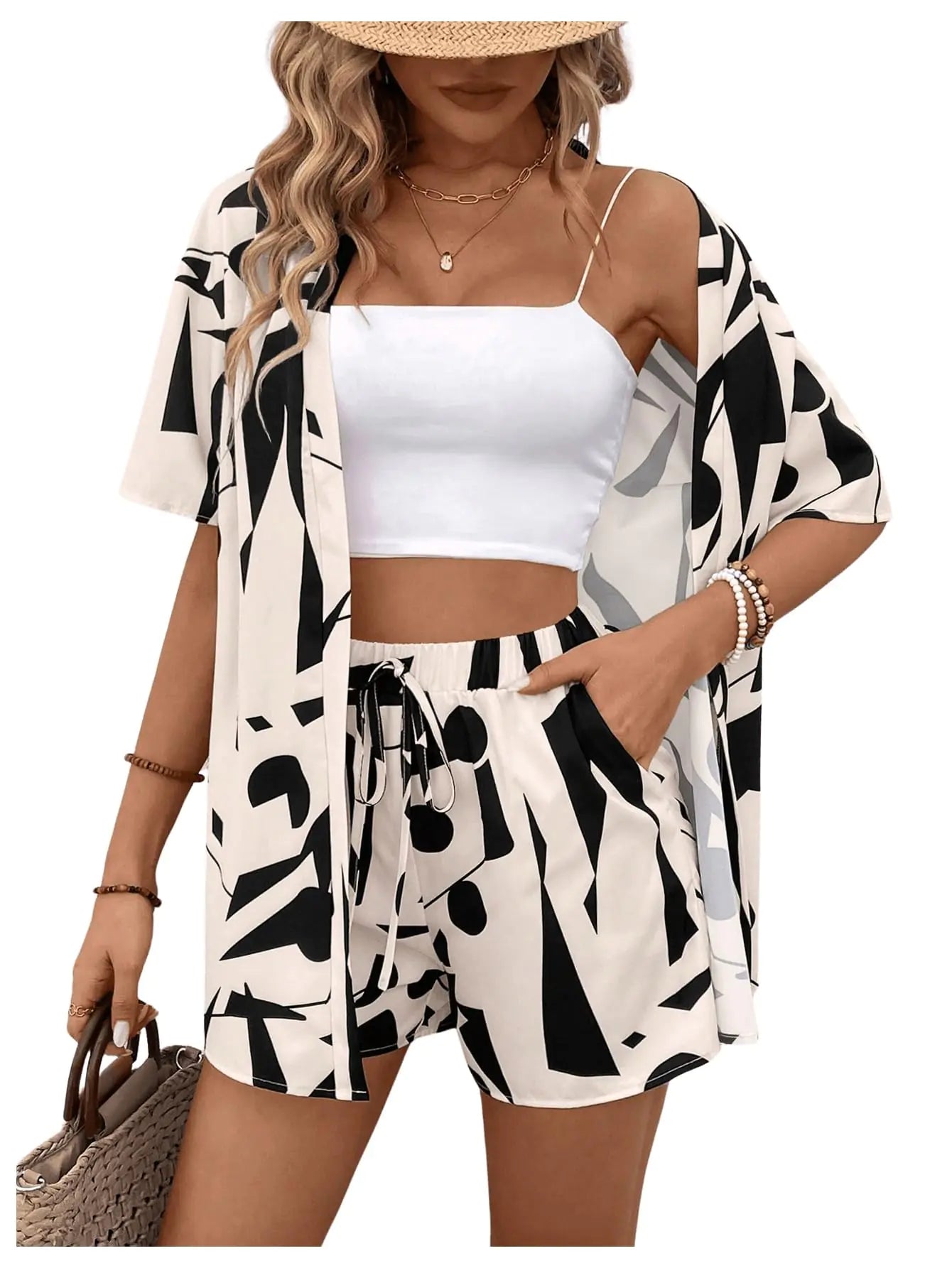 Womens 2 Piece Summer Outfits. Allover Print Button Front Short Sleeve Blouse, Shirts and Shorts Set