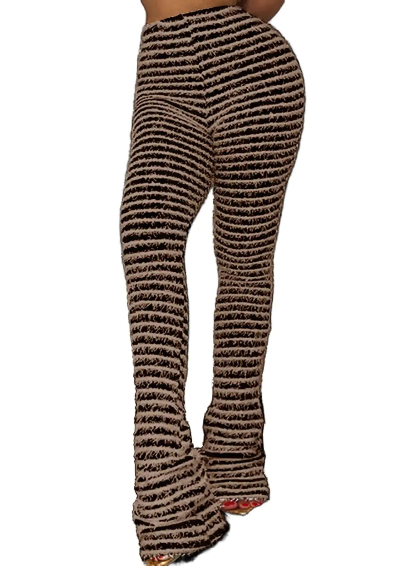 Women’s Stacked Fuzzy Flare Leggings. Knitted High Waist Bell Bottoms Causal Sweatpants