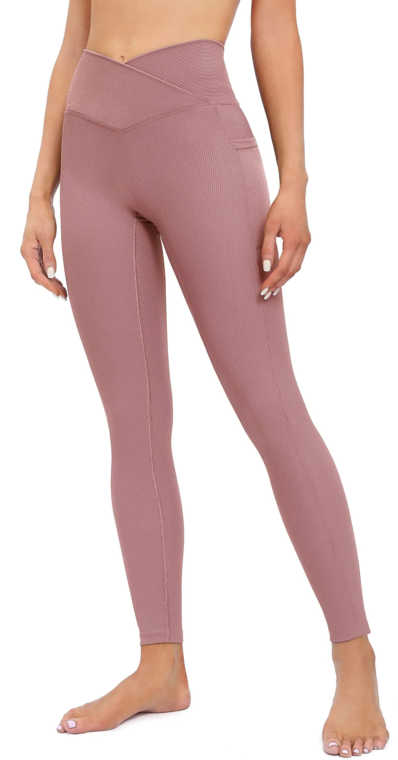 Crossover Leggings with Pockets for Women. High Waisted Yoga Pants for Workout - Dusty Pink