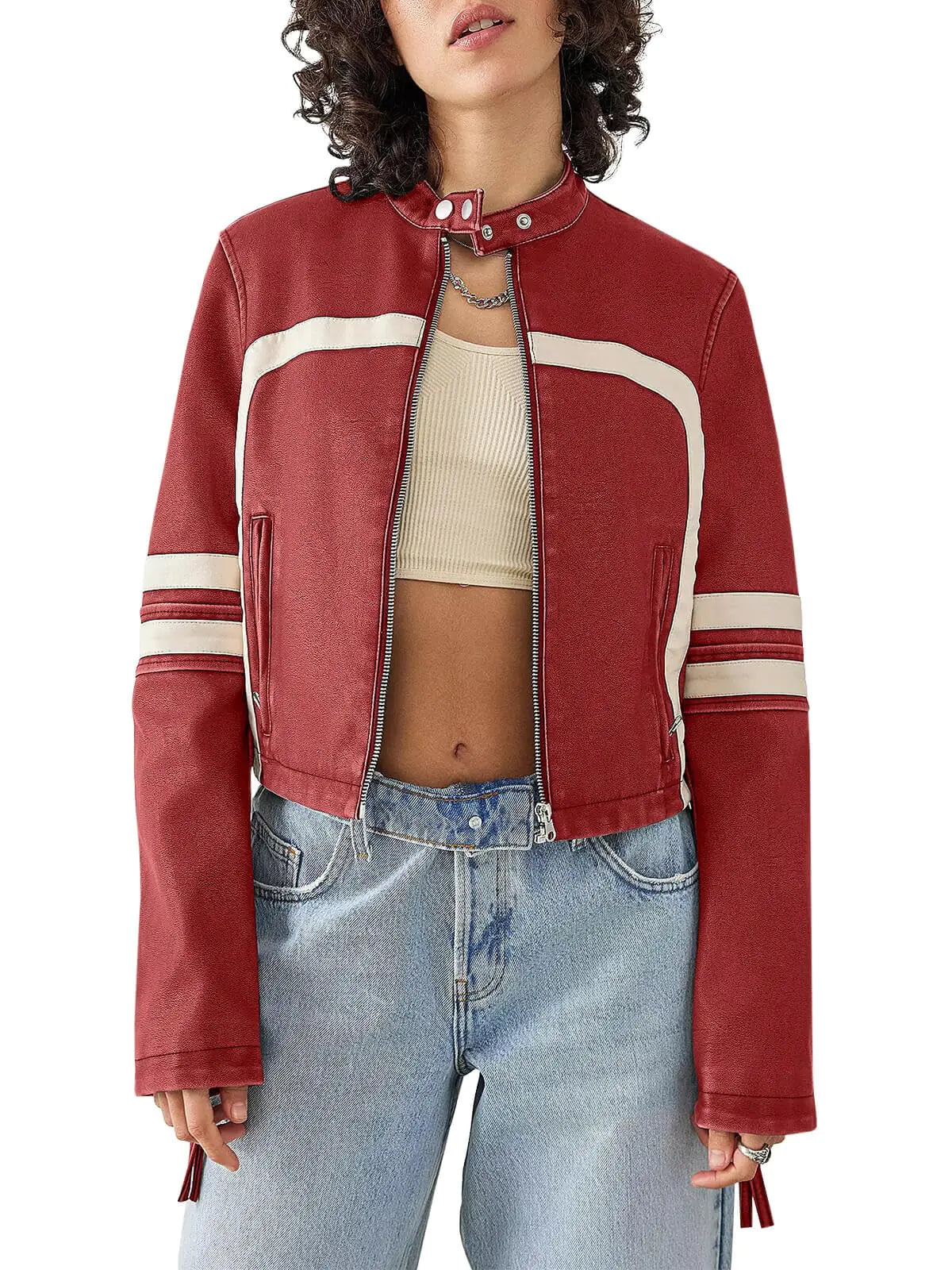 Saodimallsu Women’s Faux Leather Jackets. Zip Up Stand Collar Cropped Motocross PU Coats