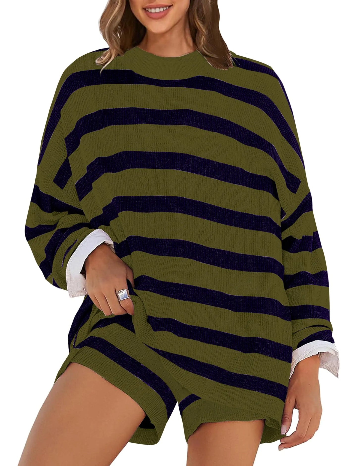 Womens Striped Oversized 2 Piece Sweater set. Knit Long Sleeve Top and Shorts Matching Lounge outfit