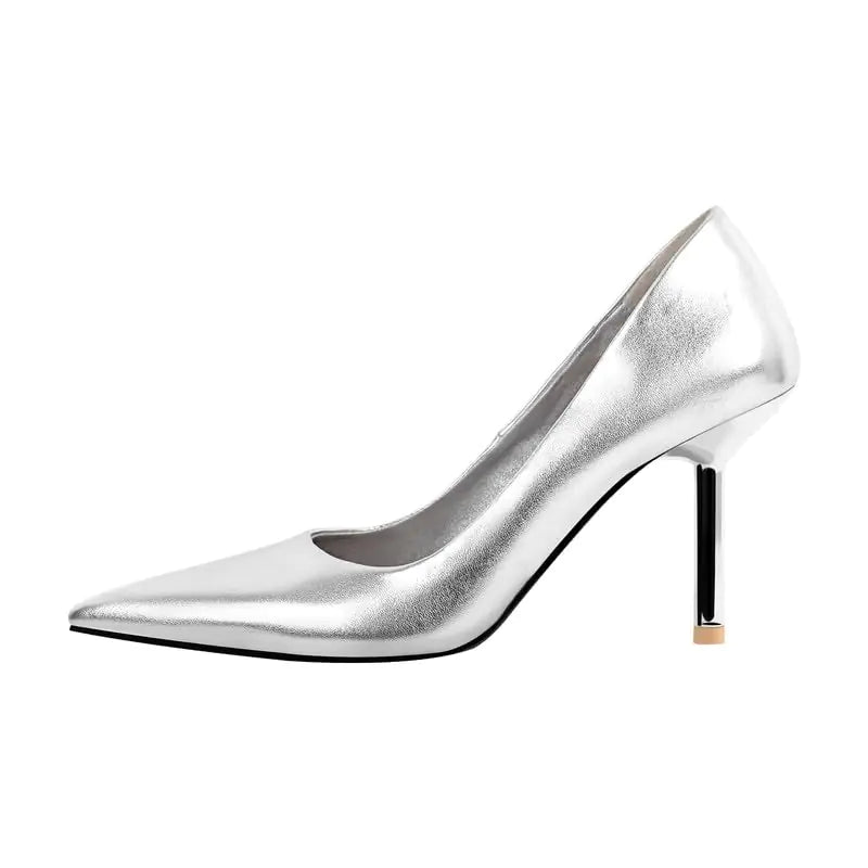 Stiletto Heels for Women. Slip On Mid Slim Closed Pointed Toe Kitten Pumps, Metallic shoes for Wedding Prom Casual Work