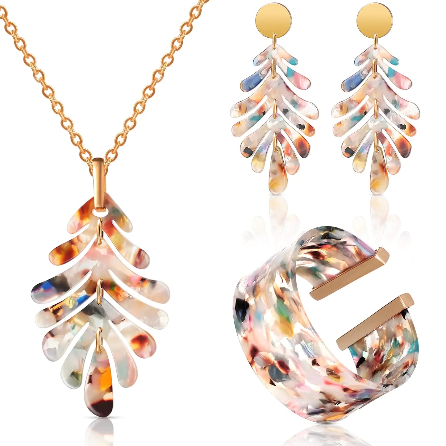 4 Pcs Acrylic Statement Boho Resin Earrings Necklace Bracelet set. Stylish Jewelry Set for Women(Water Drop)(Leaf)