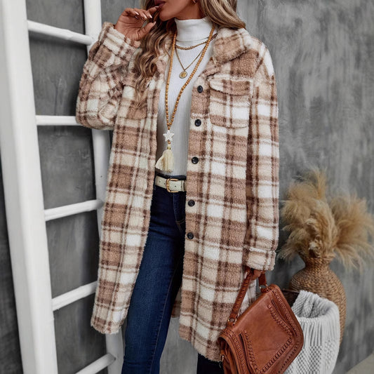 Women's Plaid Long Double-sided Pocket Button Coat