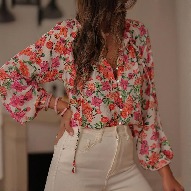 Women's Casual Boho Floral Print top. V Neck Long Sleeve Drawstring Tops, Loose Blouses, Button Down Shirts