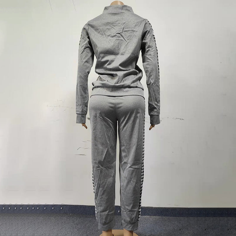 Print & Plaid Zip-Front Top and Tie-Waist Pants Set, 2-Piece Casual Loungewear For Women Spring And Fall